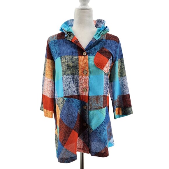 Terra SJ Apparel Signature Ruffle Collar Plaid Multicolor Button Shirt Top Small - Picture 1 of 10